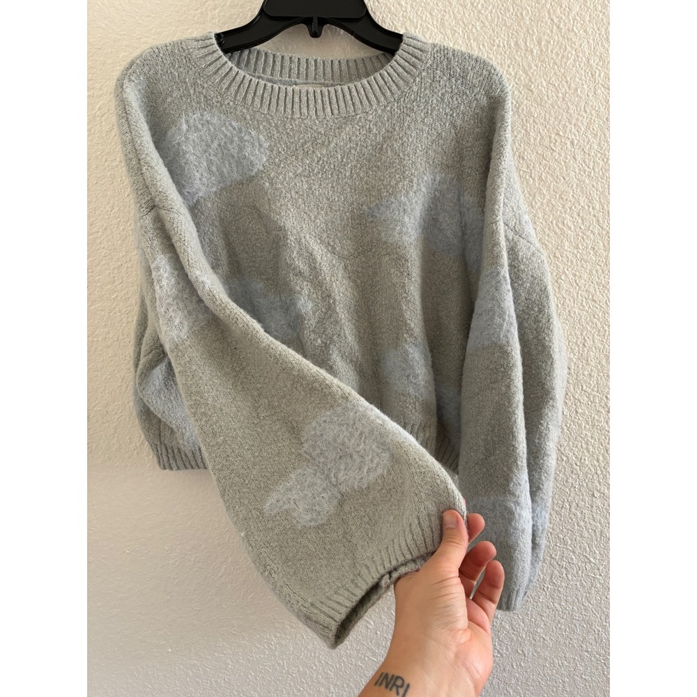 Indie Cloud Print Crop Sweater Women Size S Blue Grey Oversized Bell Sleeve